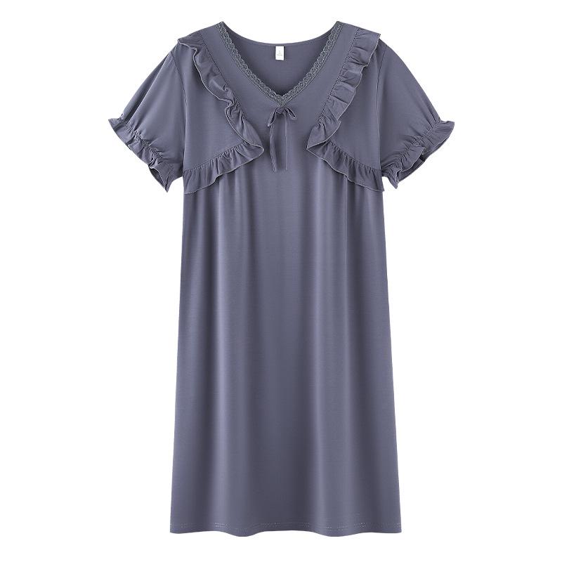 Women's Court Style Cotton Silk Nightgown with Built-In Bra Pads, French Large Size Summer Pajama Dress
