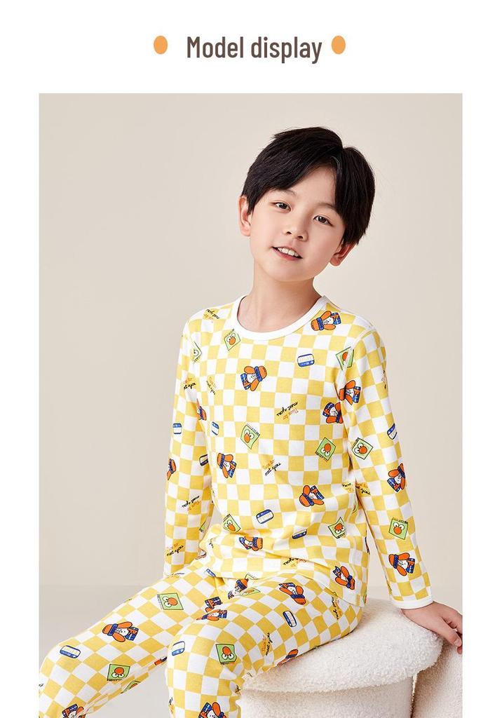 Children's Combed Cotton Antibacterial Pajama Set - Long Sleeve Top & Pants for Fall/Winter