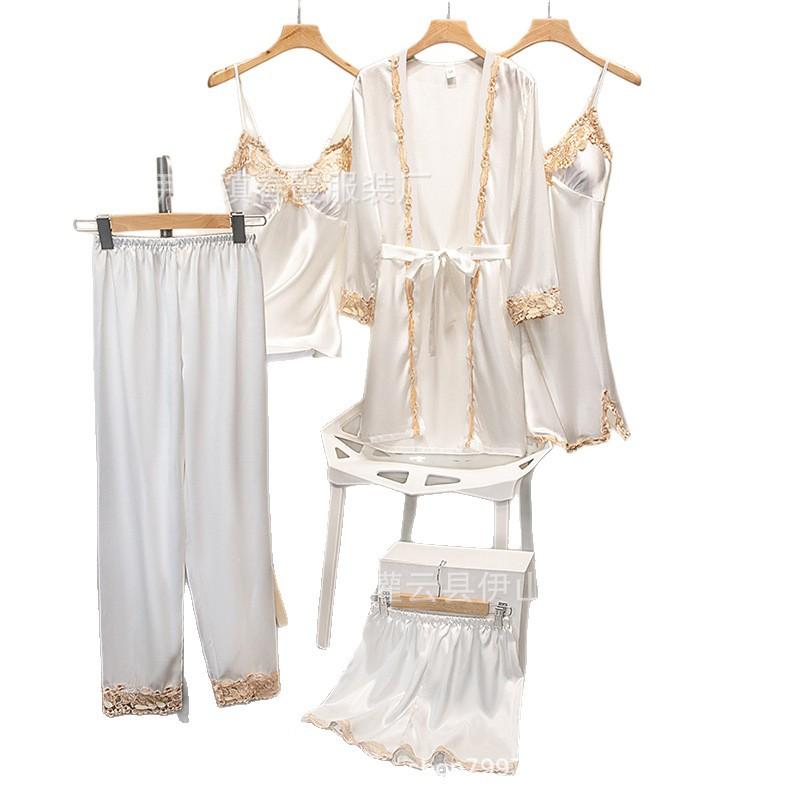 Non-elastic satin simulation silk pajamas, sex underwear, five-piece set of suspenders, sexy women's loungewear
