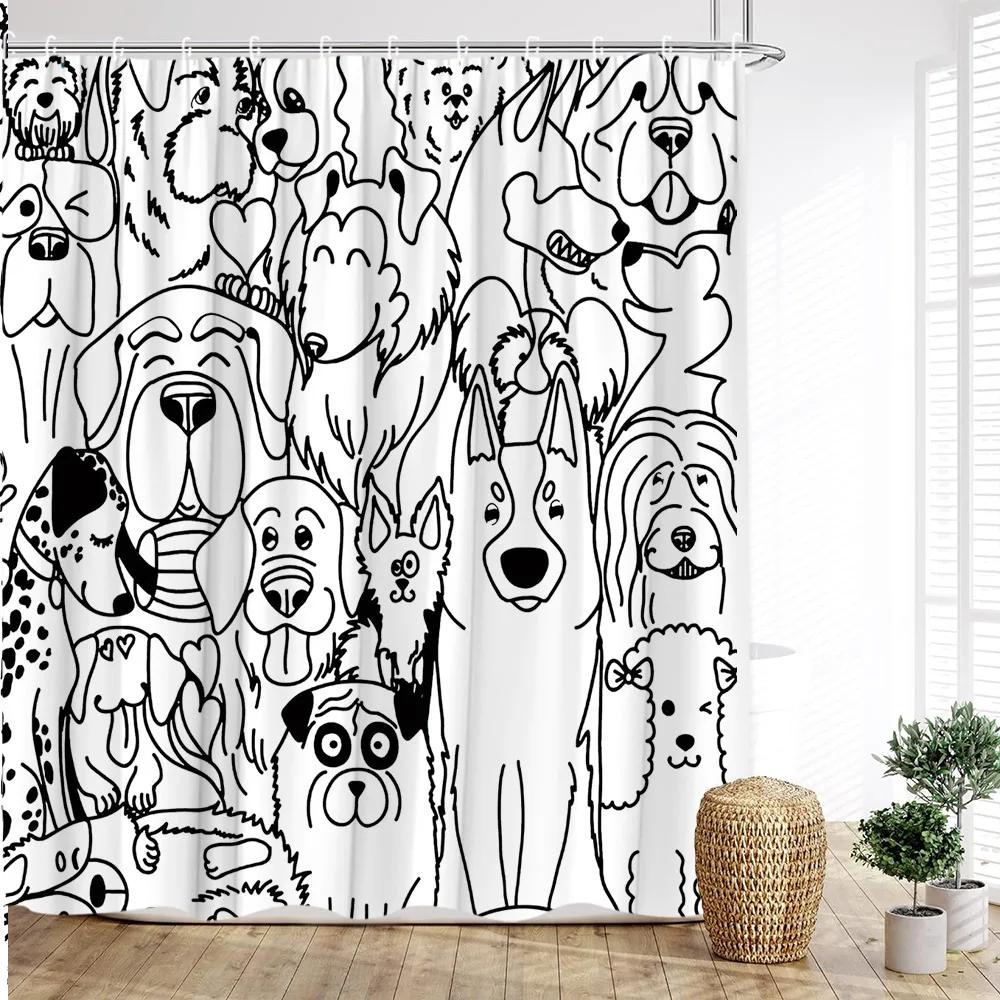 Cartoon Animal Shower Curtain with Funny Cat and Dog Paws Cute Kids Shower Print Family Bathroom Decoration with Hooks