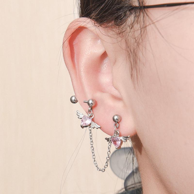2 In 1 Angel Heart Wing Earrings Pendant Tassel One-piece Earring Helix Double Piercing Earring Chain Cartilage Dangle Earrings
