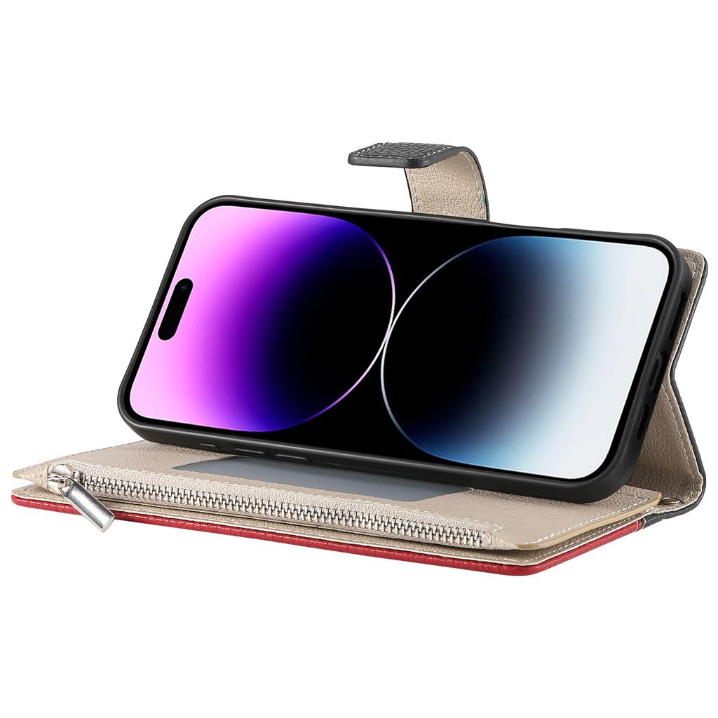 For iPhone 14 Pro Case Zipper Pocket Wallet Color Splicing Leather Flip Phone Cover with Straps