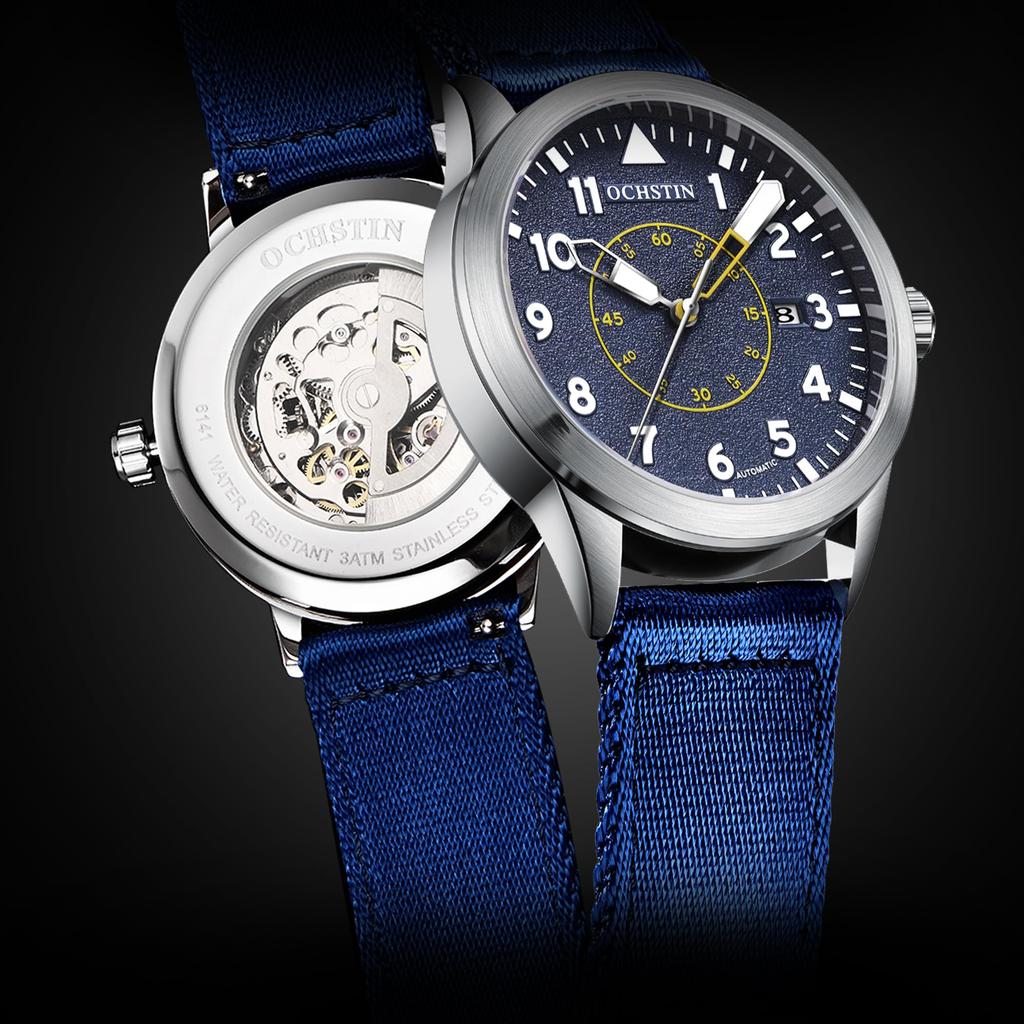 Orologio Militare Meccanico da Uomo BOLYTE, Automatico, Display Analogico con Data Automatica, Design Open Heart con Cinturino in Nylon Premium, N Blu, Militare