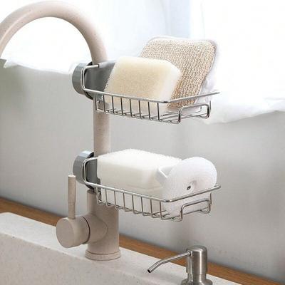 Faucet Sponge Holder for Kitchen Sink, Sponge Drain Rack, Stainless Steel Hanging Storage Rack, Soap Dish Brush Dishcloth