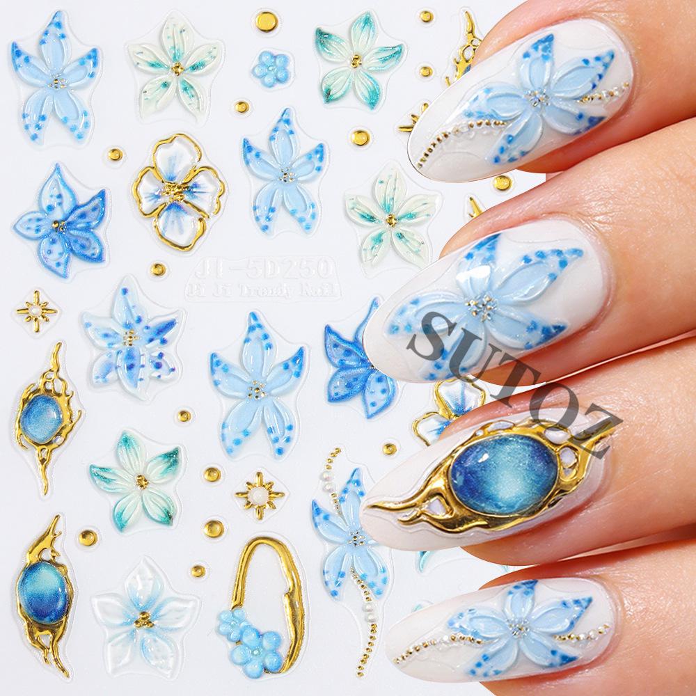 

5D Embossed Nail Art Stickers: Blue Gradient Flowers & Gold Gem Stars