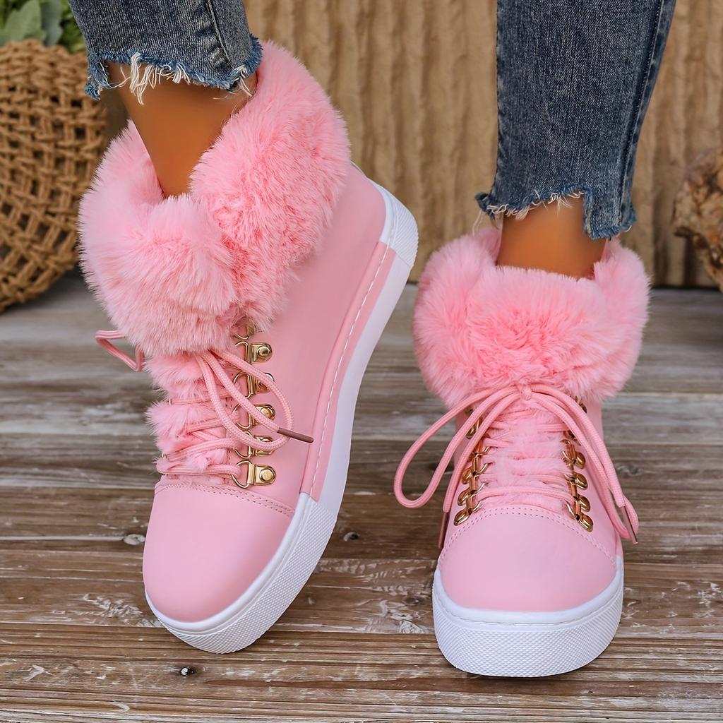 Women's Plus Size Warm Shoes, Round Toe Lace-Up Flat Buckle Faux Fur Trim Casual Athletic Snow Boots