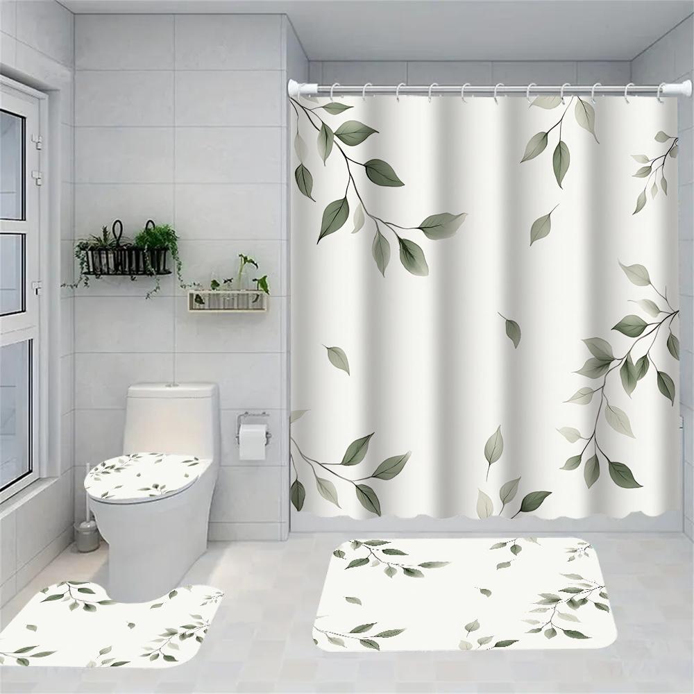 1/4 Flowers and Plants Print Shower Curtains, Toilet Seat Decoration, Shower Curtain with Carpet and Toilet Lid, 70.8x70.8 Inch