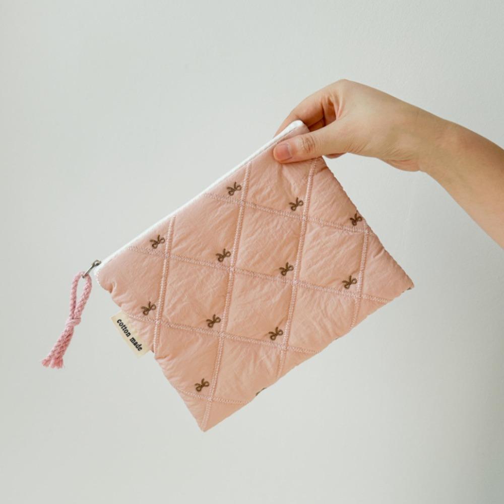 Portable Quilted Design Cosmetic Bag Large Capacity Embroidered Bow Stationery Bag Multifunctional Pen Bag