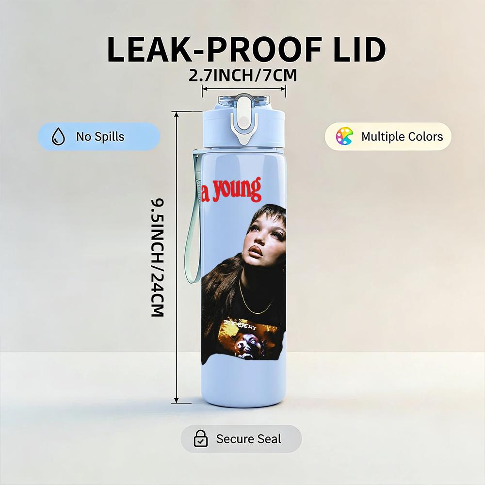 1PC Retro Long Hair Female Singer Portrait Print 750ml Portable Sports Water Bottle Leakproof Gym Outdoor Travel Drink Cup