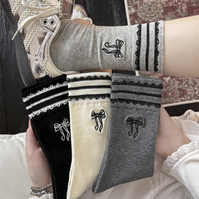 Bow Embroidered Socks Striped Lace Sweet Mid-Leg Socks Worn Outside Lace Pile Socks