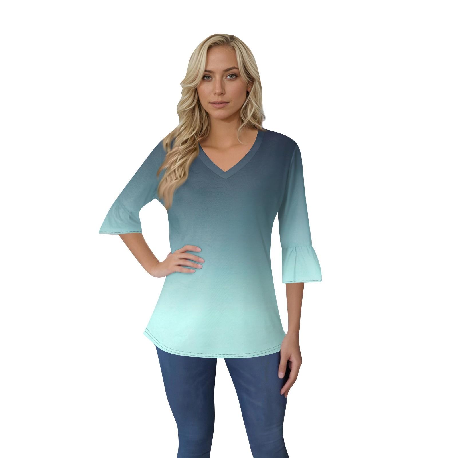 

Women s Casual 3/4 Sleeve Top Summer V-neck Puffy Sleeve T-shirt Top M