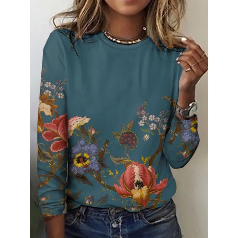 Round Neck 3D Flower Printed Top Fashionable Casual Long Sleeved Women's T-shirts