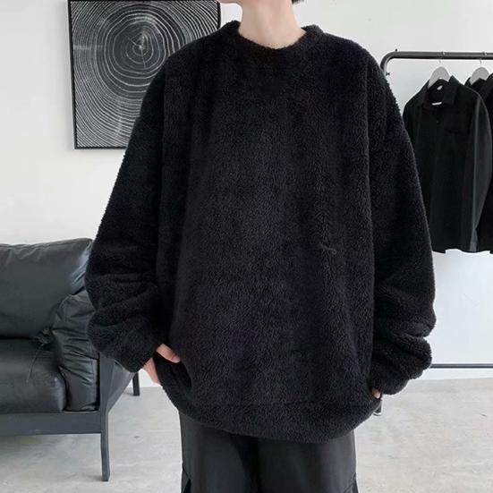 Men Sweatshirt Keep Warm Solid Color Long Sleeves Loose Pullover Plush Thick Soft Comfortable Men Winter Tops for Outdoor