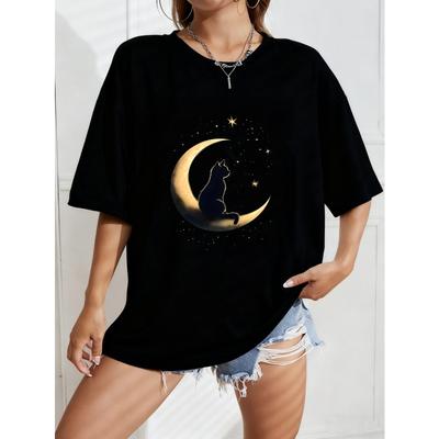 Rundhals T-Shirt Weiß Katze auf Mond und Sterne Druck Freizeitkleidung für Damen Sommer Outfit Streetwear Mode Top