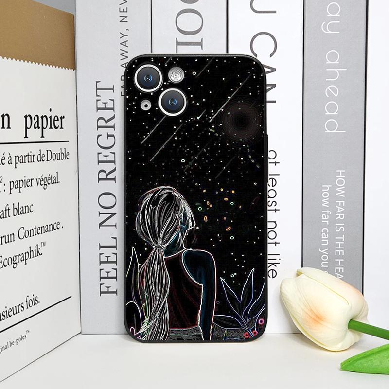 Creative Black Stardust Girl Pattern Phone Case for IPhone 17 16 12 11 14 Plus 13 14 15 Pro Max 12 13 Mini X XSMAX XR Soft Cover