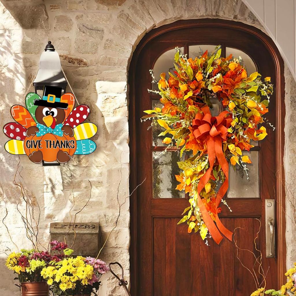 Thanksgiving Decoration Wooden Turkey Pumpkin Door Wreath for Front Door Sign Wall Signs, Thankful Blessed Grateful Pumpkin Sign Hanging for Fall