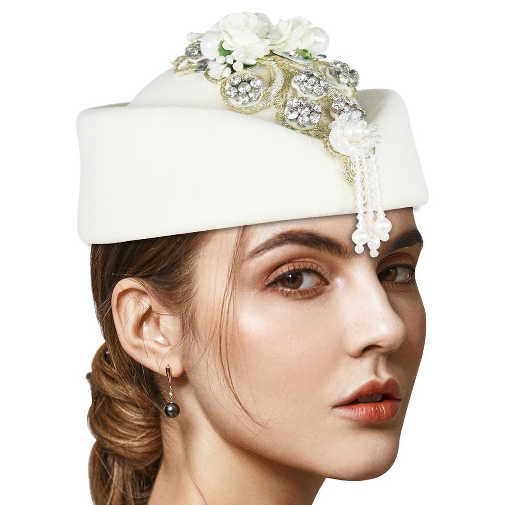 Crystal Flower Fascinator Hat for Teaparty Cocktail Party Women Flapper Costume Roleplay Stewardess Hat for Formal Event