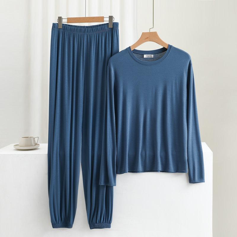 Cotton Loose Men's Long Sleeved Wide Leg Pants Casual Home Clothing Set for Spring and Summer Thin Pajamas Two-piece Set