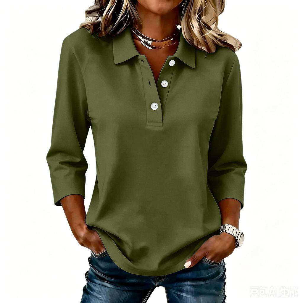 Women's Casual Button Front Polo Shirt Three Quarter Sleeve Solid Color Collared Top Lightweight Comfortable Fit for Everyday Wear