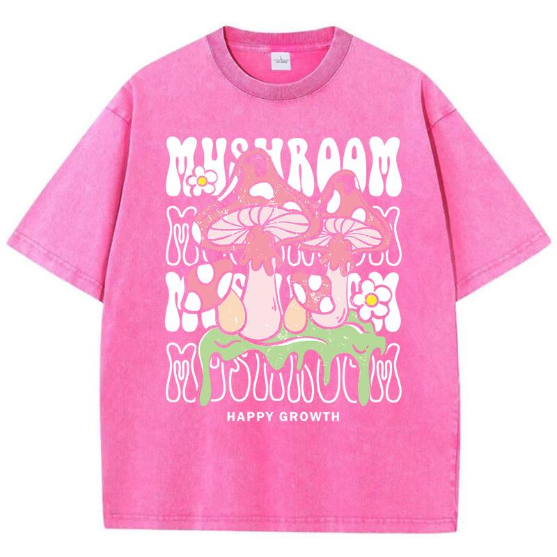 Creative Mushroom Letter Print Women Washed T-Shirt O-Neck Casual T Shirts Cotton Soft Clothes Loose Short Sleeves