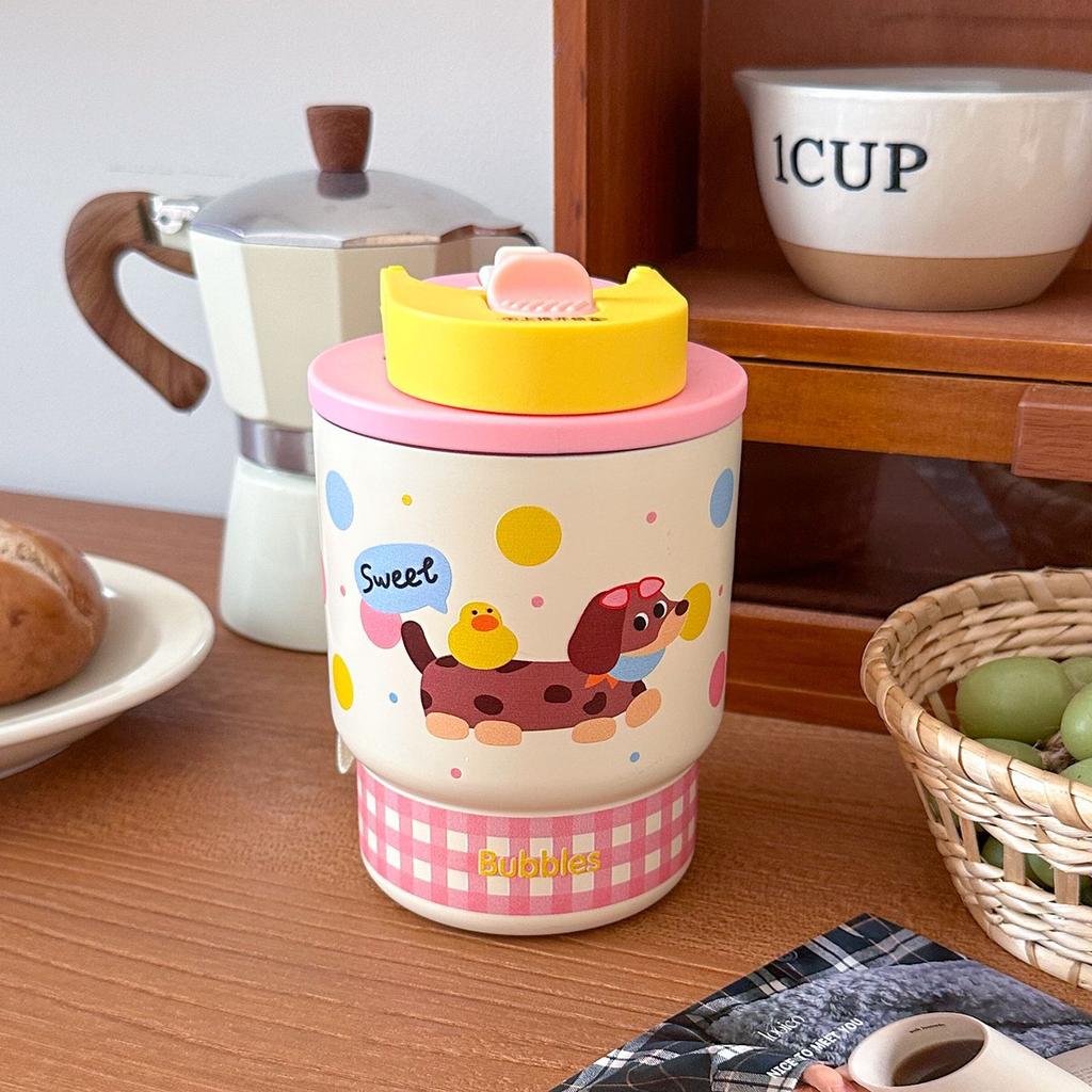 Children's Cartoon Double Drink Thermos Cup 316 Stainless Steel Coffee Cup Female High Value with Straw Portable Pocket Water Cup