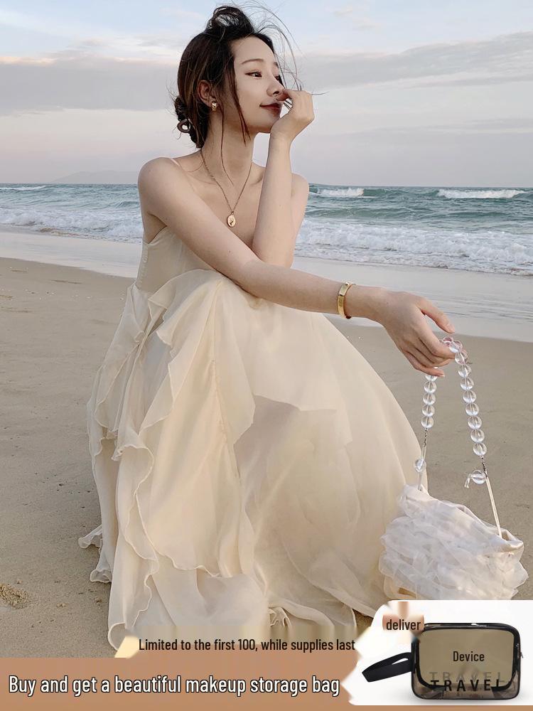 Sanya Women's Fairy Beach Dress - Summer French Strappy Seaside Vacation Long Dress