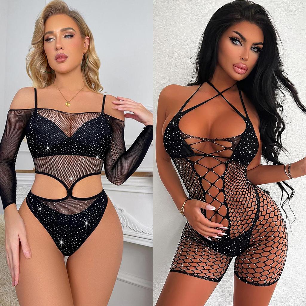 Stylish Black Fishnet Lingerie: Sexy See-Through Bodysuit with Tempting Hollow Design