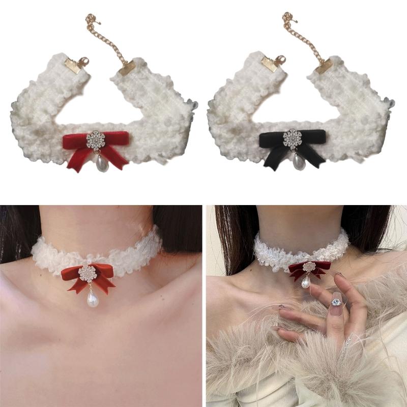 Bohemian Snowflake Pearl Necklace Bowknot Pendant Clavicle Chain Christmas Bows Collarbone Chain for Women Girls