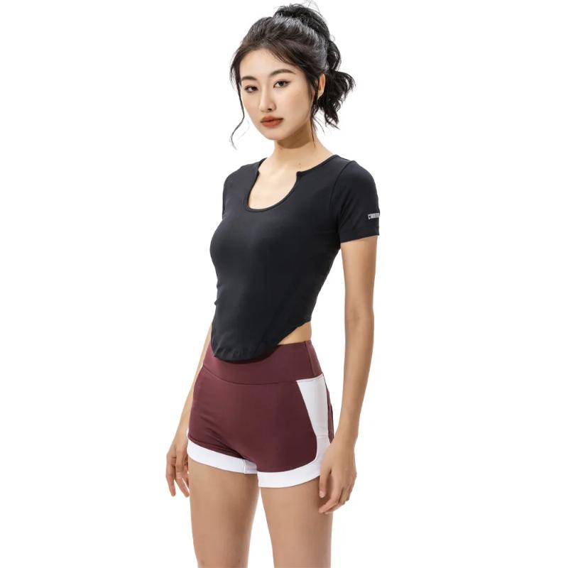 Damen Schwarz Sport Crop Top Quadratischer Ausschnitt Kurze Ärmel Dehnbar Figurbetont Yoga Workout Top
