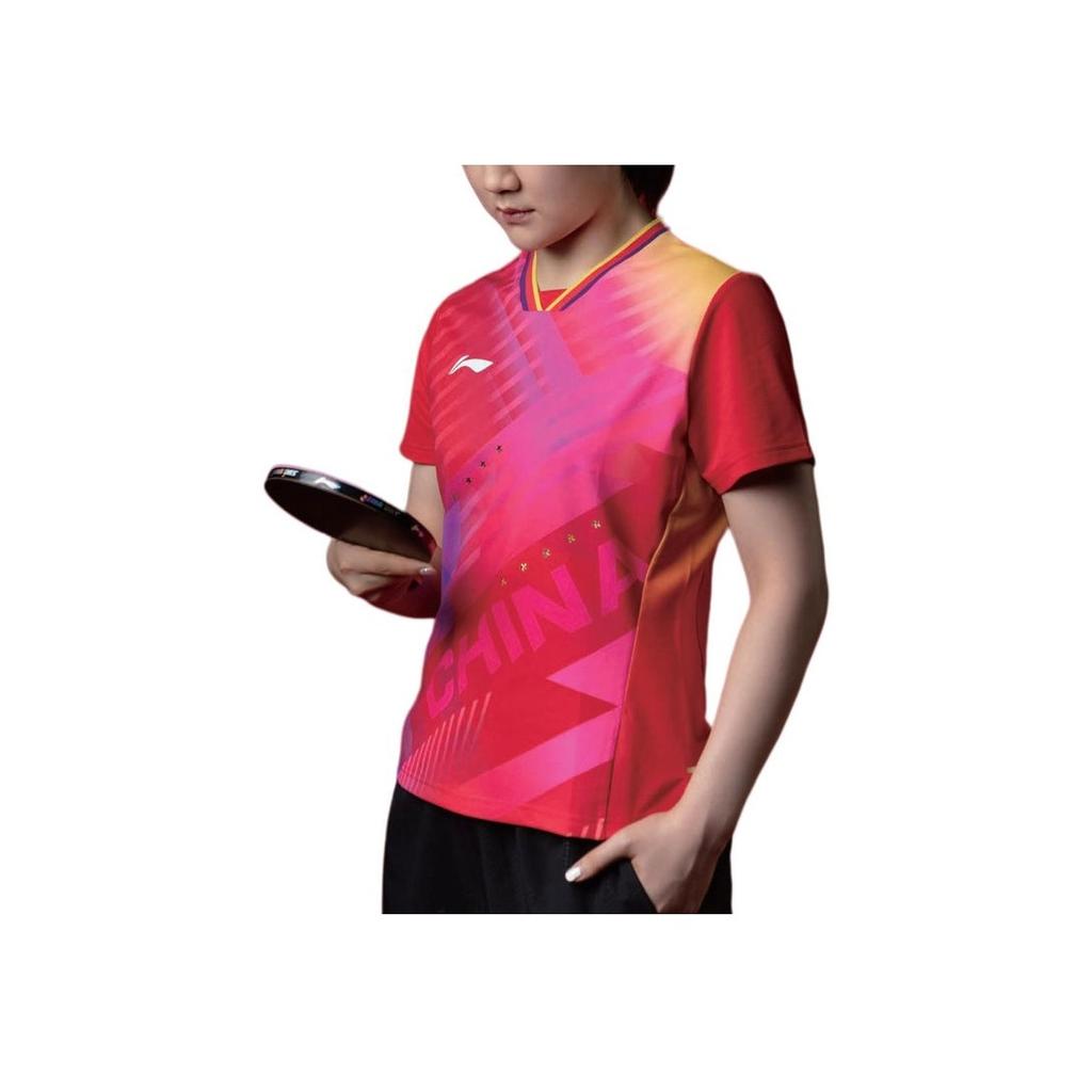Li Ning Table Tennis Series Logo Print Short Sleeve T-Shirt Unisex Tops Cherry-Blossom-Red AAYU037-3