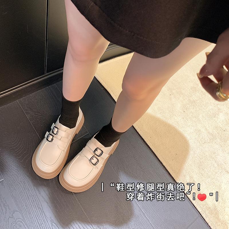 Leather platform loafers women's 2025 new round head retro soft leather single shoes double buckle with British style small leather shoes
