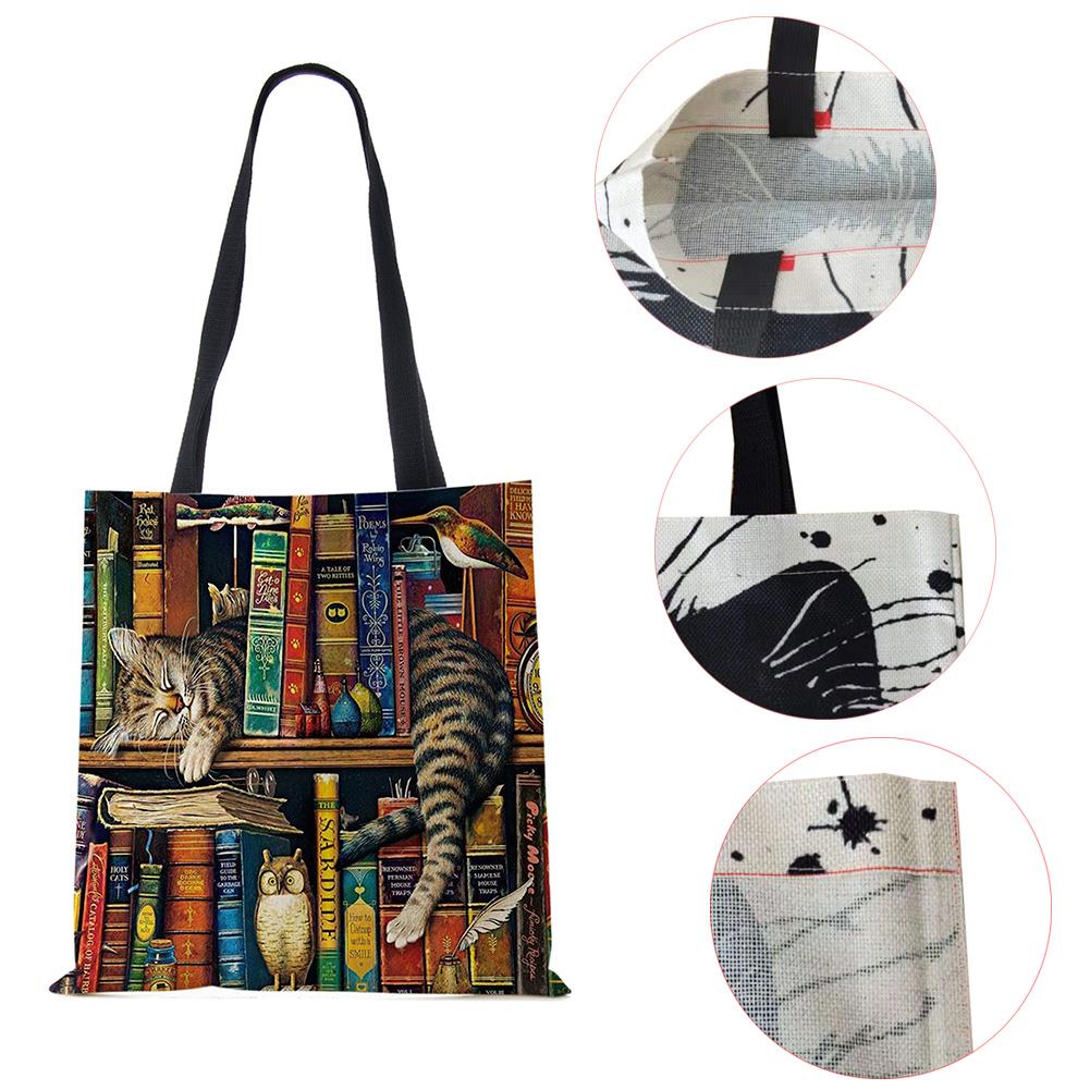 Customize Oil Painting Cat Print Womens Designer Tote Bags Linen Reusable Shopping Bag For Groceries Shoulder Bags for Lady 2020 Casually