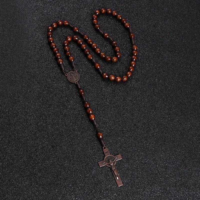 Christ Jesus Wooden Beads Rosary Cross Car Pendant Braided Rope Chain Necklace Religious Orthodox Prayer Jewelry