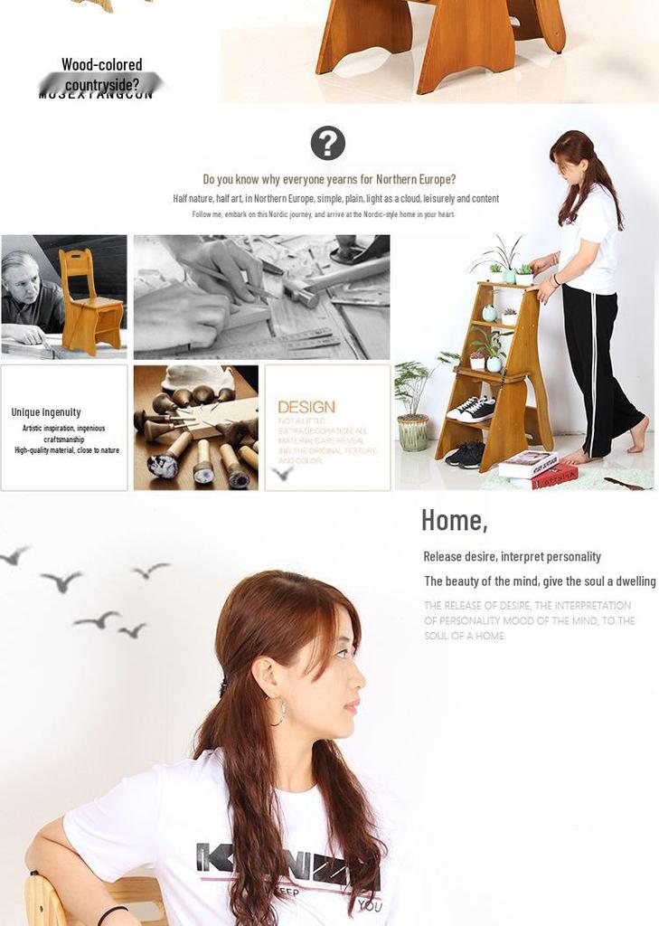 Solid Wood Folding Ladder Chair: Multifunctional 4-Layer Stool for Home Use