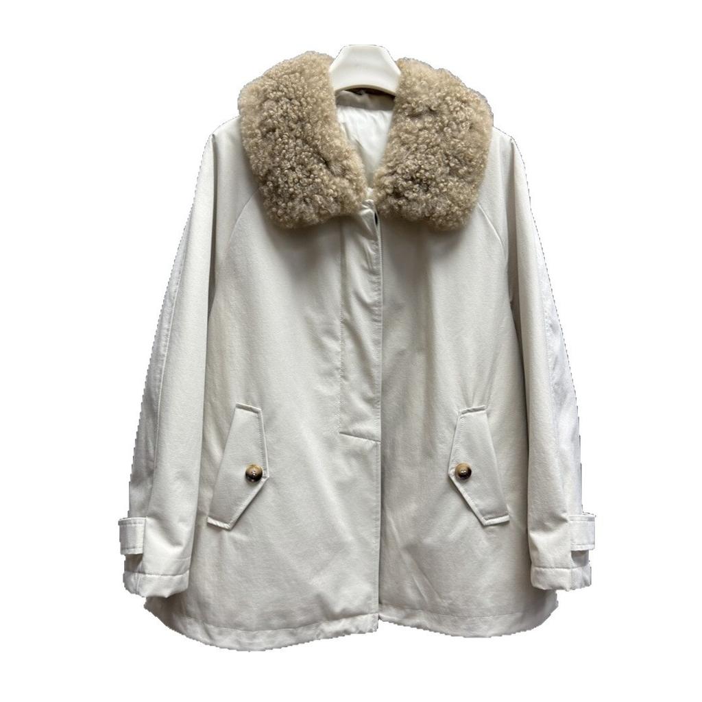 New Cashmere Fur Collar White Goose Down Jacket Women's Medium and Long Loose Fur Collar Warm Jacket