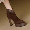 Fashion Comfortable Pointed Toe High Heel Boots Waterproof Platform Zipper Back Brown V Mouth Flock Ankle Boots Fashionable Retro Style