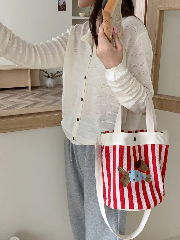 Cartoon Puppy Women's Stripe Bucket Bag Cute Canvas Female Shoulder Crossbody Bags Daily Handheld Bento Bag Girls Purse Handbags