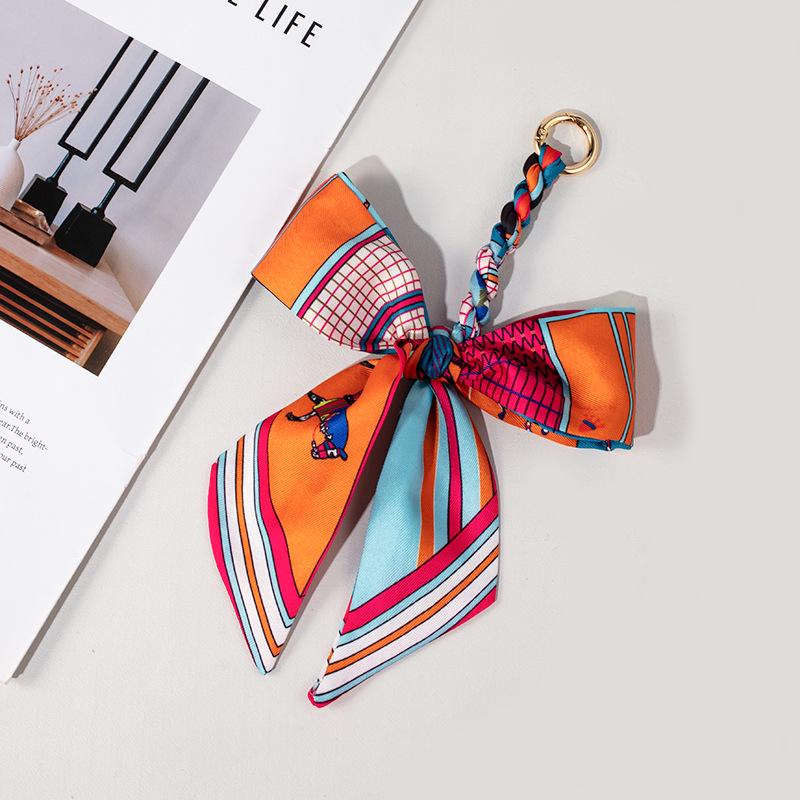 Silk Scarf Keychain with Horseshoe Buckle and Ribbon Bow for Bags and Cars