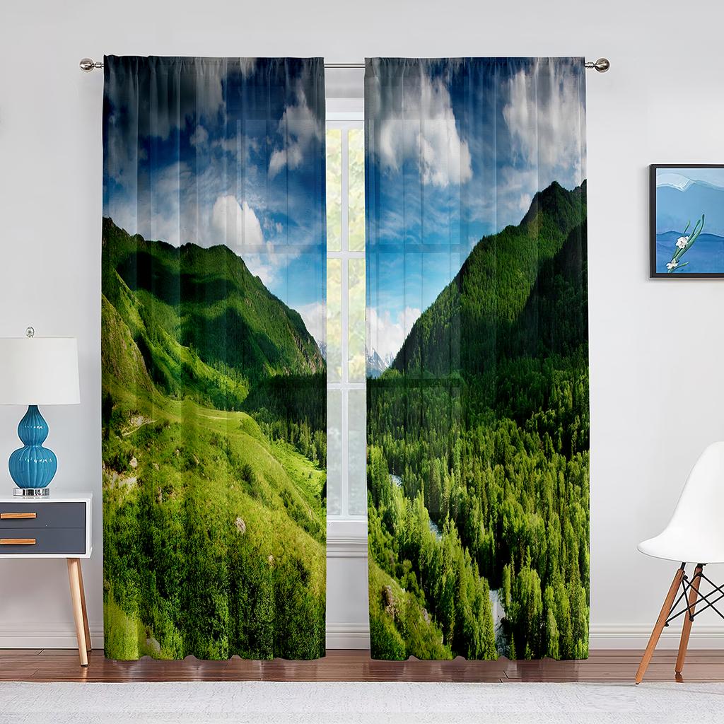 Autumn Mountains Forest Rivers Landscape Tulle Curtains for Living Room Decoration Chiffon Sheer Voile Kitchen Bedroom Curtain