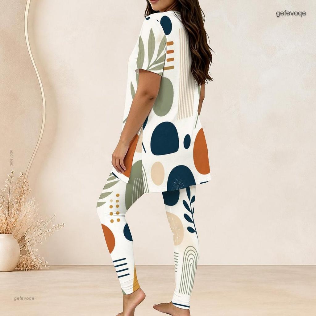 Women Plus Size Printed Round Neck Short Sleeve Longline Top Fitted Pants Two Piece Set
