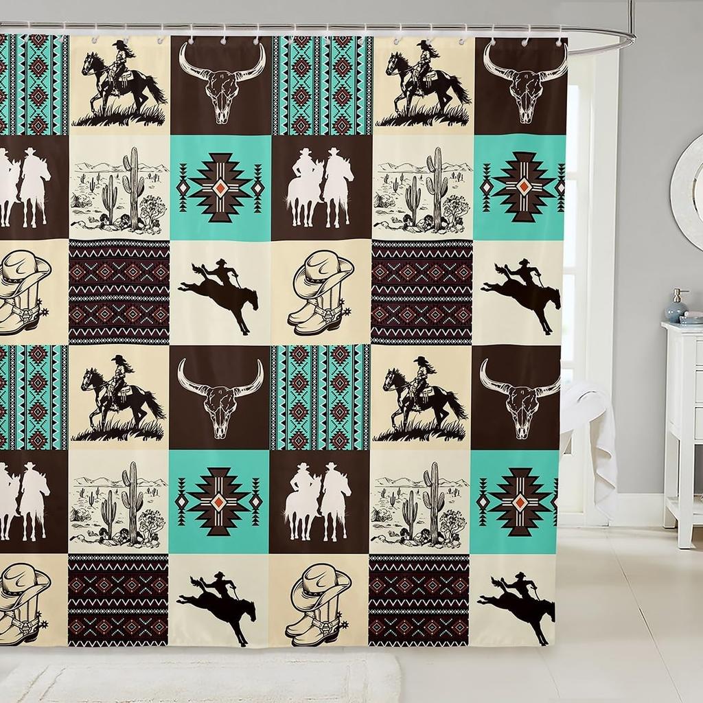 Southwest Shower Curtain, Geometric Aztec Tribal Pattern Bathroom Curtain Vintage Striped Western Waterproof for Kids Girls