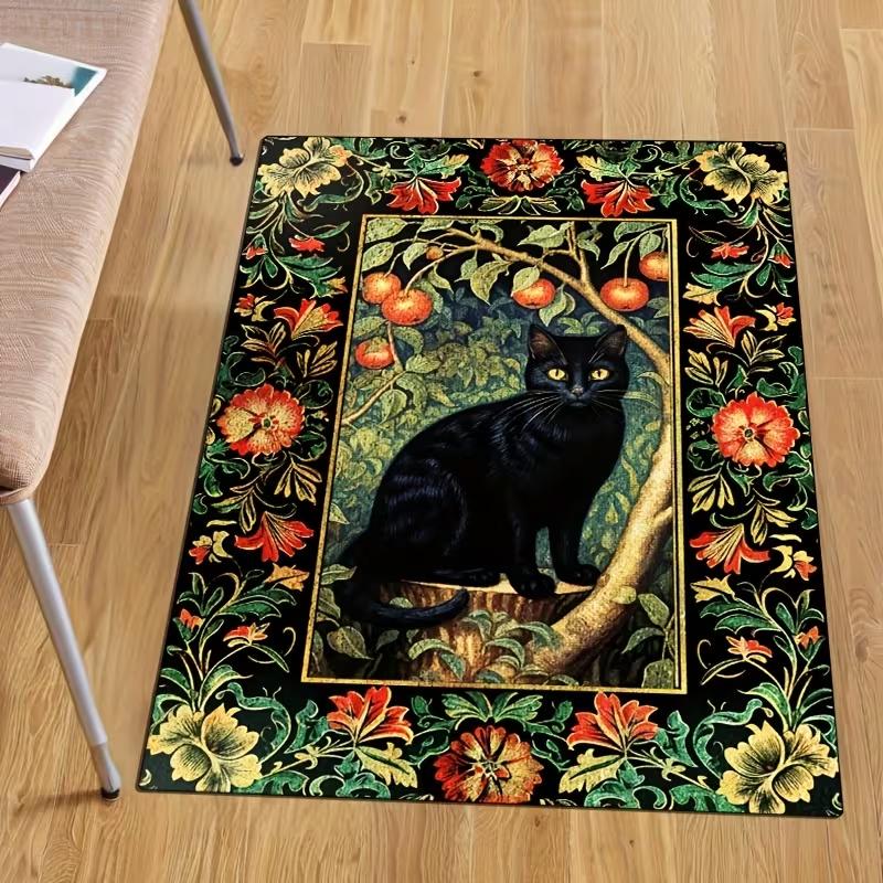 

Retro Gothic Black Cat and Flower Carpet Anti slip Carpet Suitable Living Room Bedroom Kitchen Bathroom Use Living Room Carpet 40x60cm