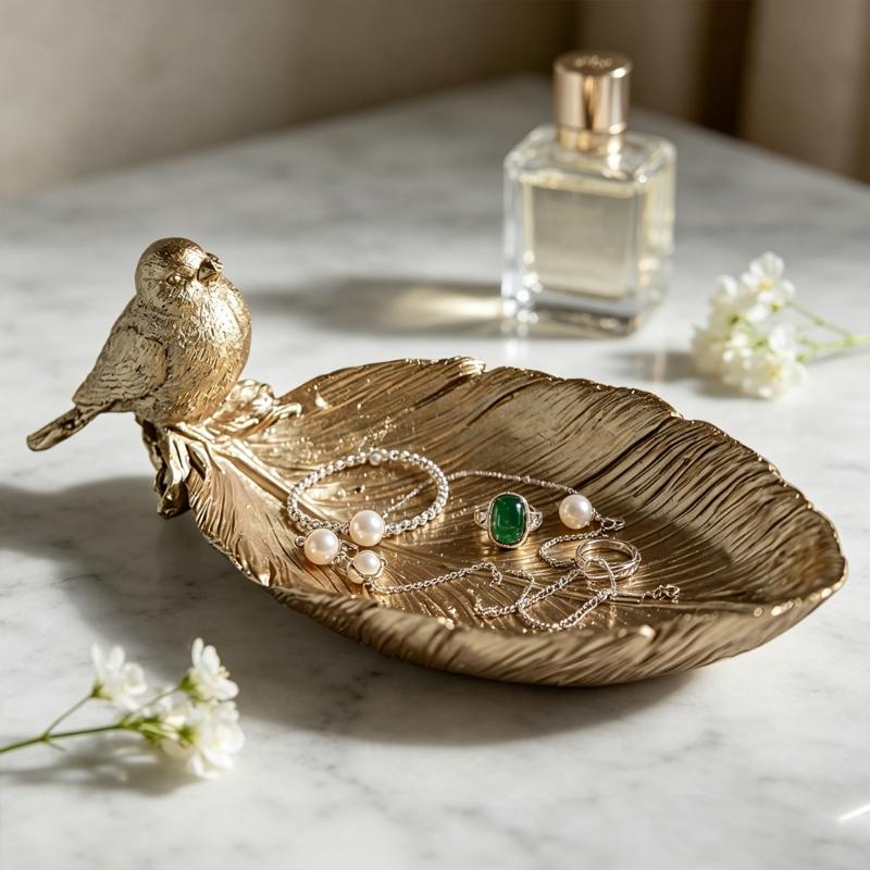 Jewelry Organizers Tray, Resin Leaf Shape with Standing Bird Catchall Trinket Dish for Rings Earrings and Necklaces, Decors Accent for Vanity and