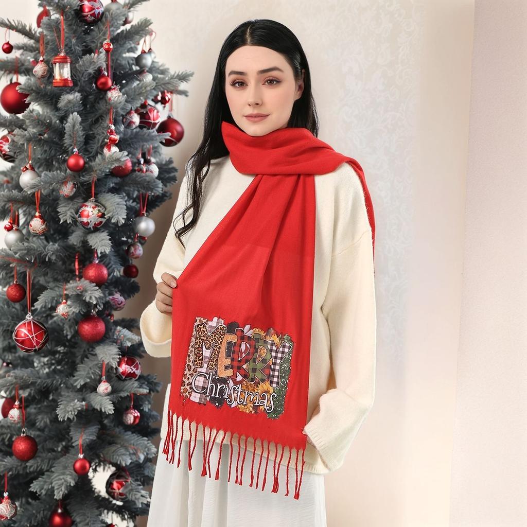 Winter Christmas Cute Elk Printed Shwal Cashmere Tassel Warm Scarf For Women Fashion Red Thick Blanket Pashmina Wrap 183*30Cm