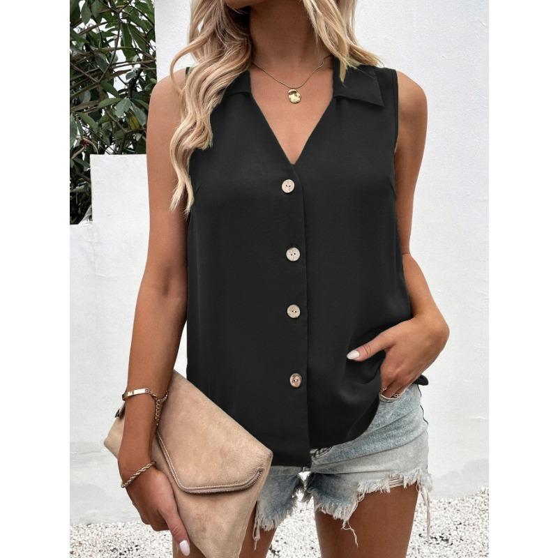Women Summer New Style Solid Color V Neck Loose Chiffon Shirt Sleeveless Button Down Vest Blouse