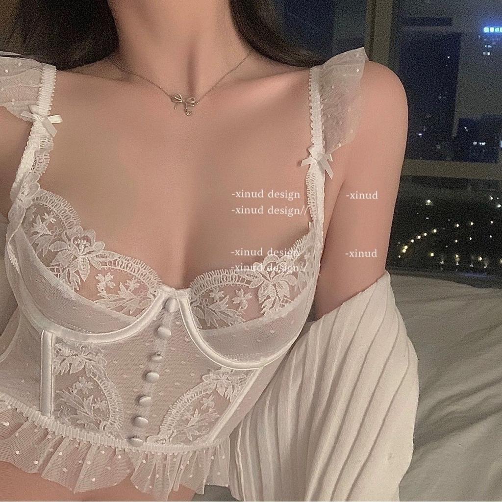 Black new sweet and spicy pure fish bone lace suspender vest bra underwear women's sexy can wear short top