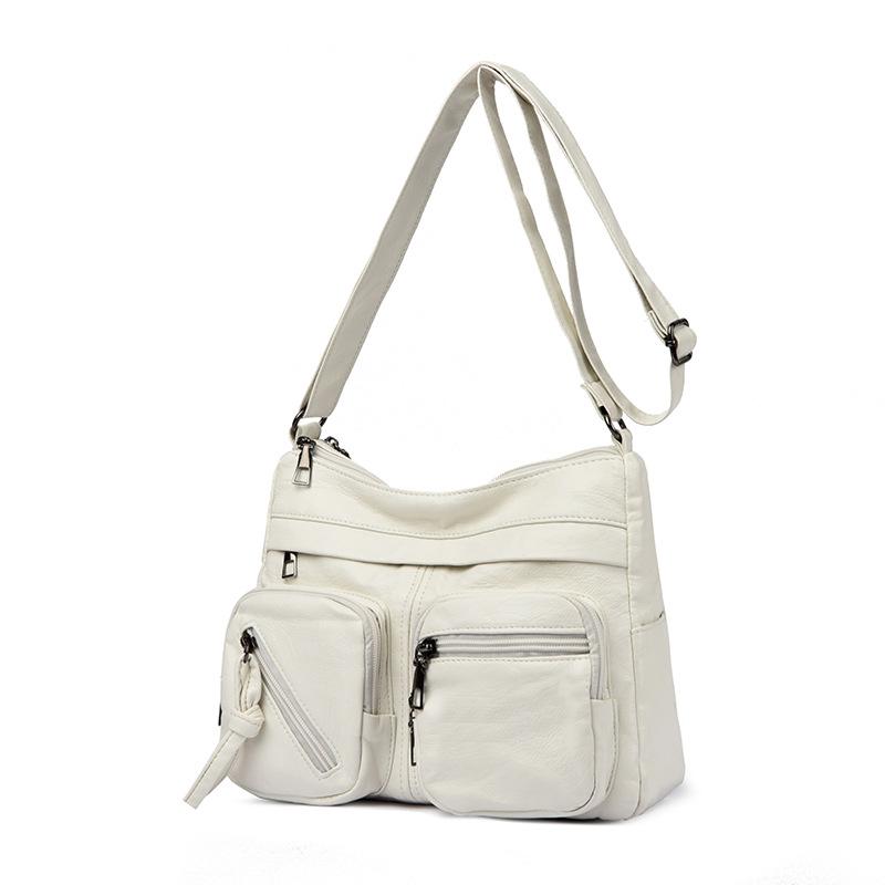 Retro Skulderveske, Motorsykkelveske, Mykt Skinn Flerglidelåsveske