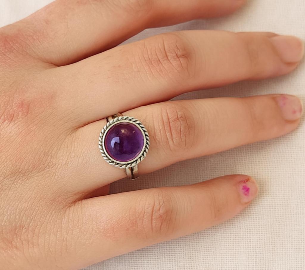 Purple Amethyst Ring, 925 Sterling Silver, Minimalist Statement Ring, Round Shaped Handcrafted Gemstone Jewelry