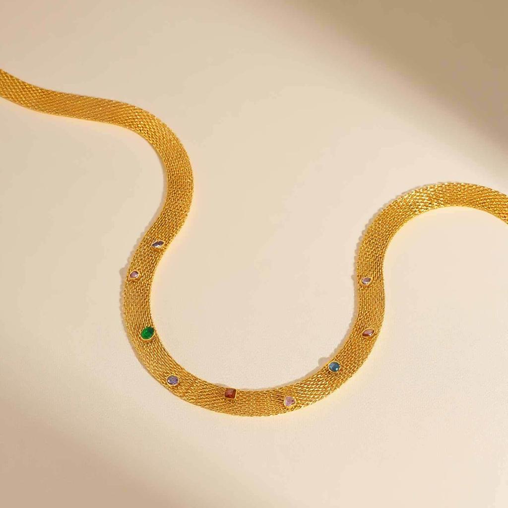 Wide-Faced Stainless Steel Mesh Chain Colored Zircon Gold Necklace Ladies 2381