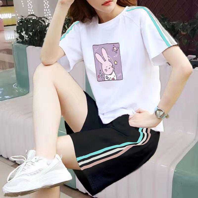 Women's Korean-Style Summer White Loose Plus Size Short Sleeve T-Shirt & Shorts Set